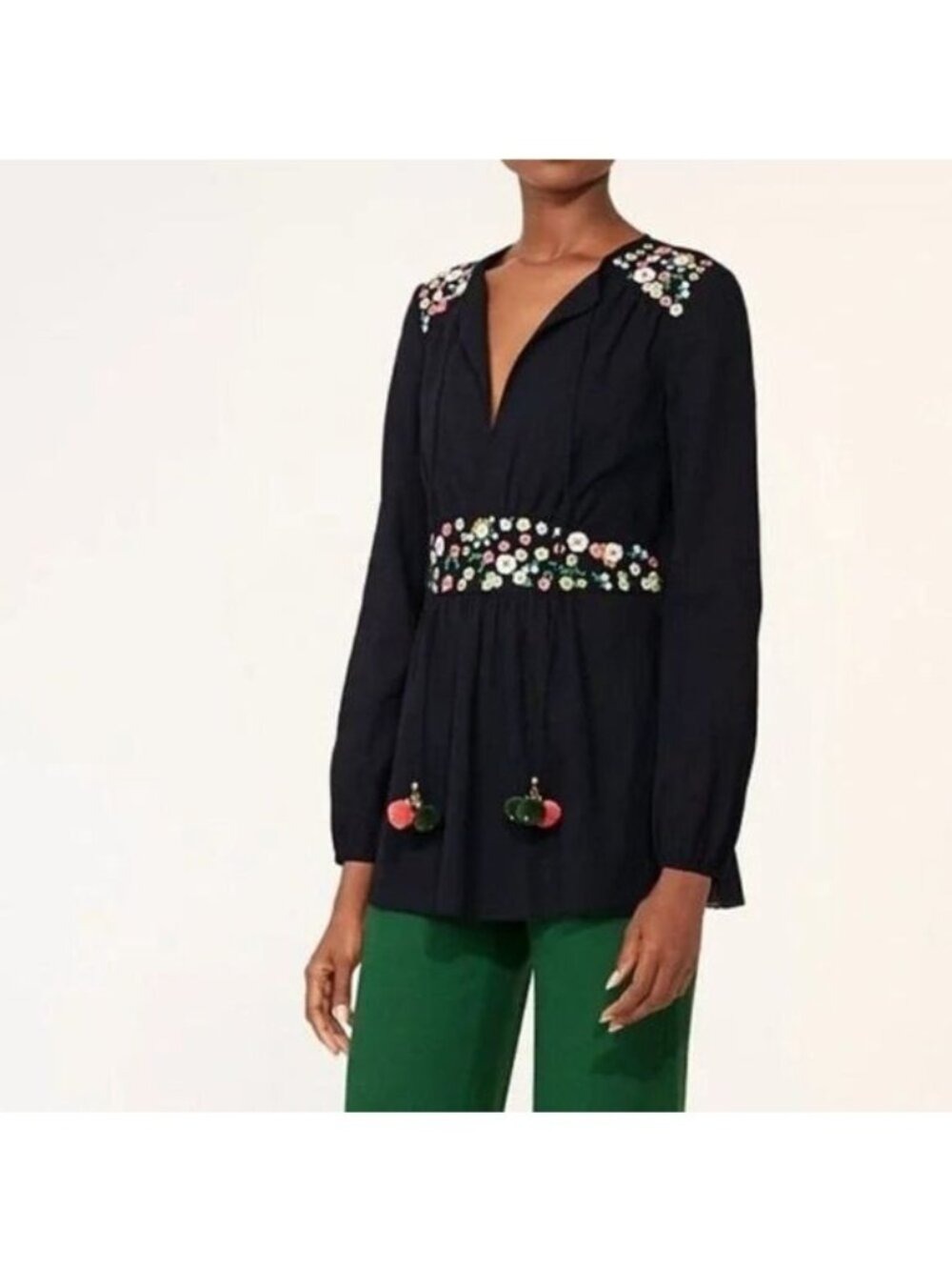 Tory Burch Black Floral Embroidered Top with Pom Pom Detail 4